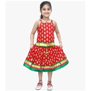 New Girls Crushed Cotton Lehenga Choli , Red Green and Gold, 6-18 Months